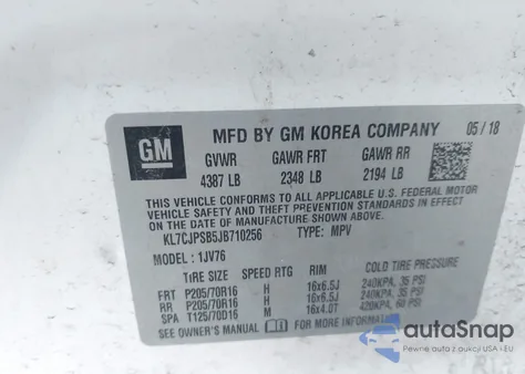 2018 Chevrolet Trax Lt from USA, damaged, VIN KL7CJPSB5JB710256